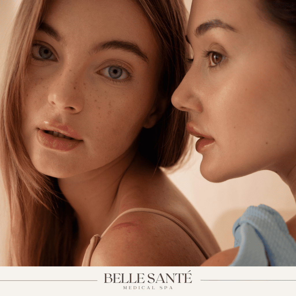 Two beautiful young women above the Belle Santé Medical Spa logo.