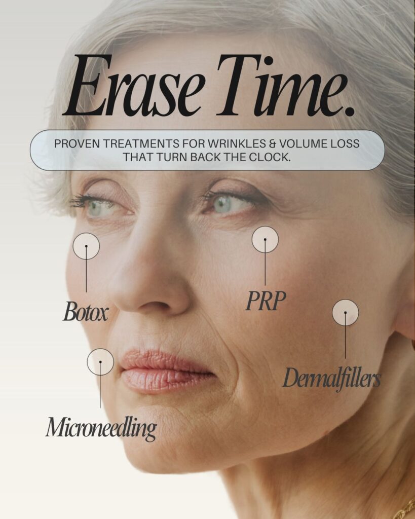 Close-up of the face of an older woman with points highlighting area of her face with the words Microneedling, Botox, PRP, and Dermalfillers.