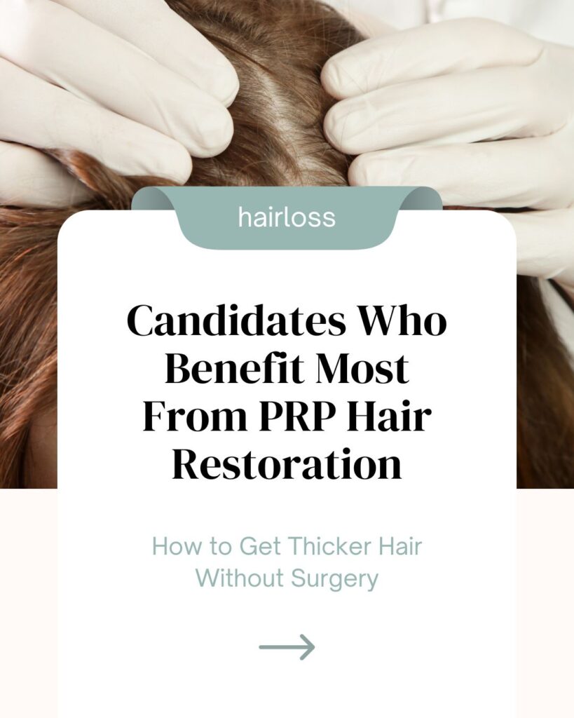 Close-up of a scalp being examined by gloved hands, highlighting thinning hair for PRP hair restoration candidates.