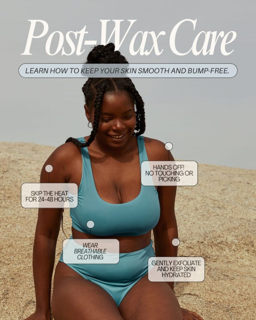 Woman in teal swimwear sitting on sandy ground with post-wax care tips about avoiding heat, wearing breathable clothes, and gentle exfoliation.