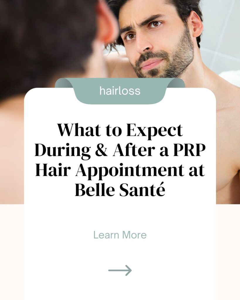 Man looking at his hair in the bathroom mirror, focusing on hair care and treatment results. The words "What to Expect During & After a PRP Hair Appointment at Belle Santé" overlaying the image.