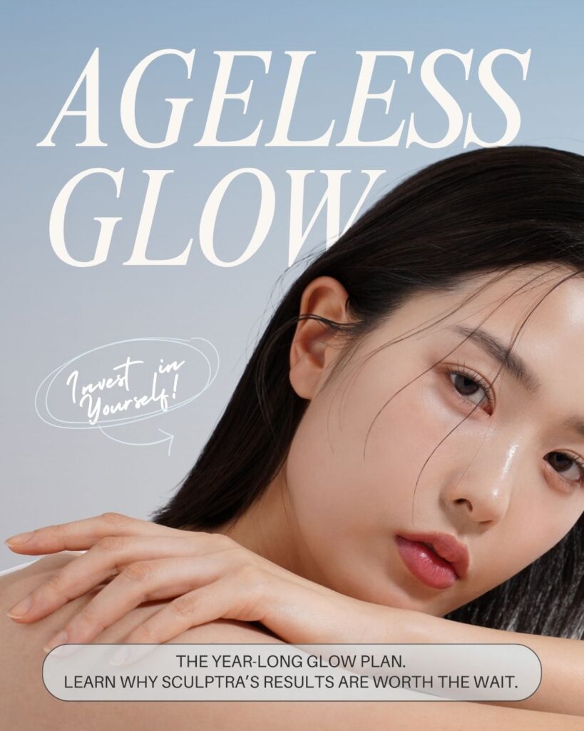 Close-up of a woman with long dark hair showcasing smooth skin and delicate hands against a clear sky background with 'Ageless Glow' text.