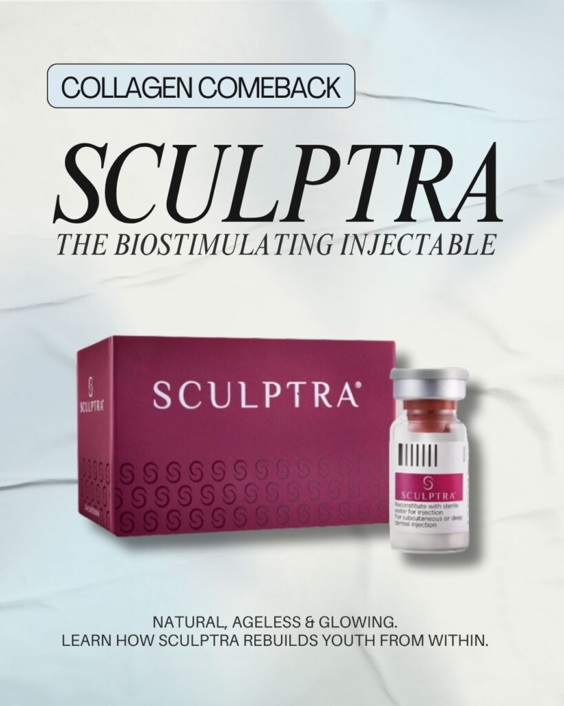 Sculptra collagen injectable with packaging promoting natural, ageless, glowing skin and youth restoration.
