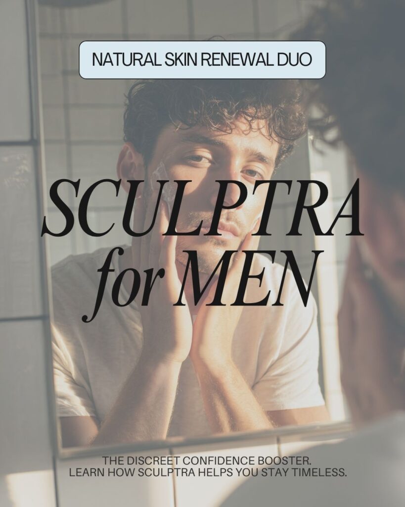 Man gently touching his face in front of a bathroom mirror promoting natural skin renewal for men.