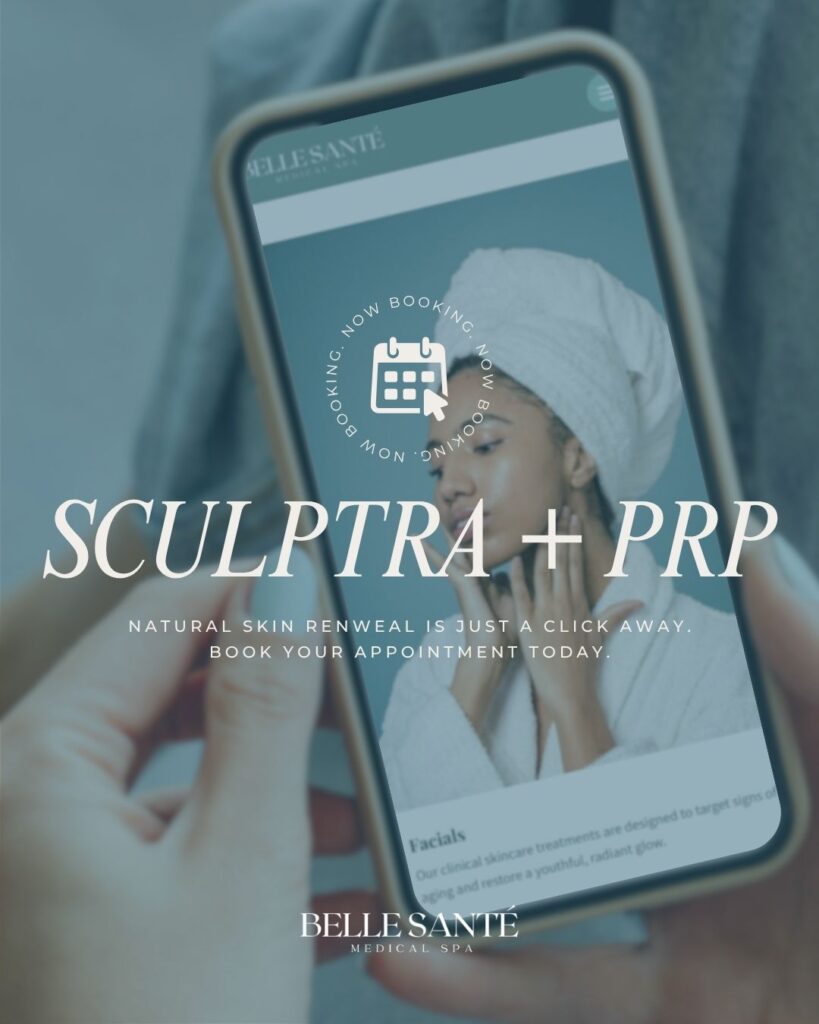 Person holding phone displaying Belle Santé Medical Spa's Sculptura PRP skin renewal booking page.